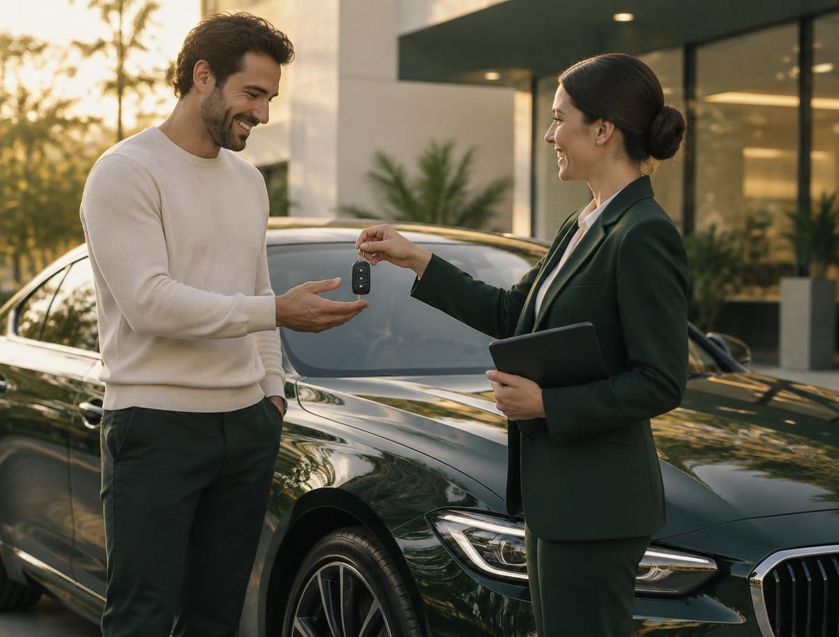 Customer collecting keys to their leased car